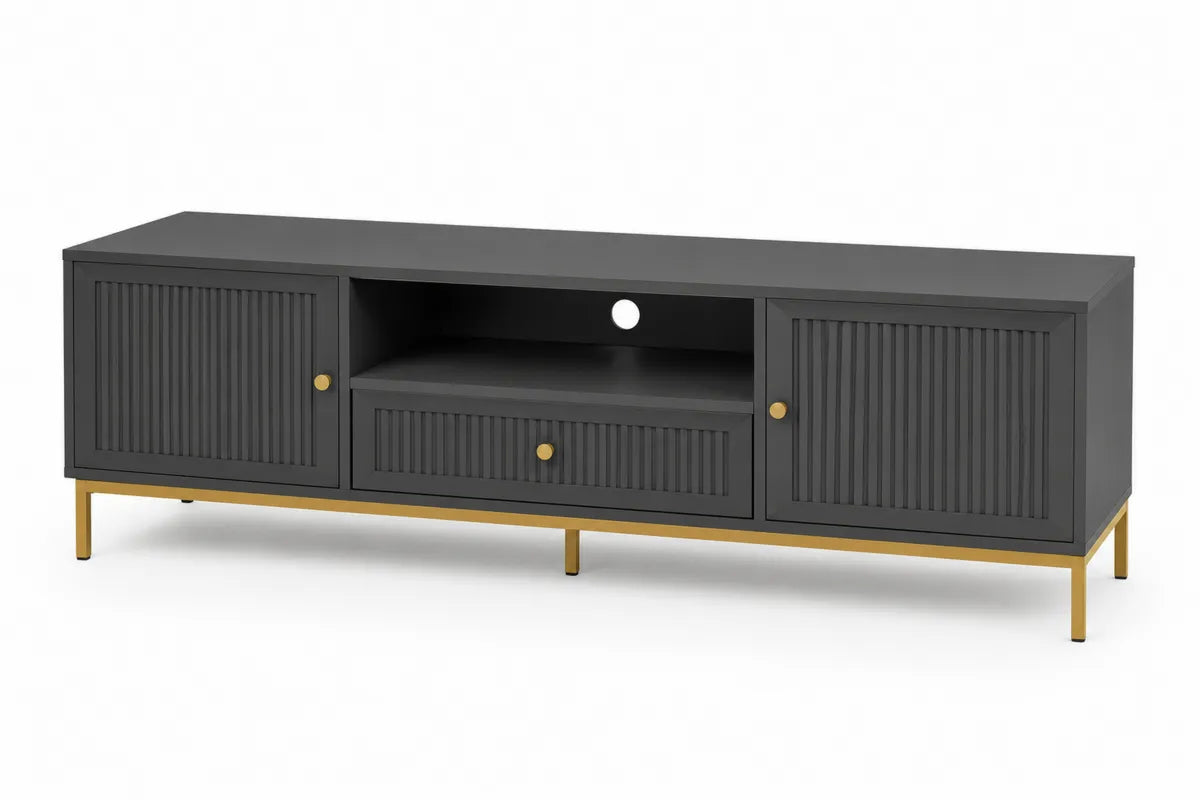 Antracytowa szafka RTV z MDF i stalowa 180 cm