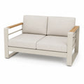 Dwuosobowa sofa aluminiowa z poduszkami z poliestru i drewnianymi podłokietnikami beżowa