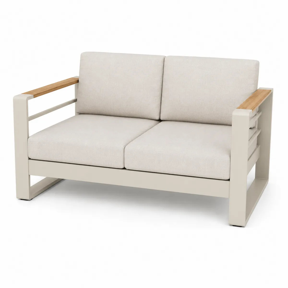 Dwuosobowa sofa aluminiowa z poduszkami z poliestru i drewnianymi podłokietnikami beżowa