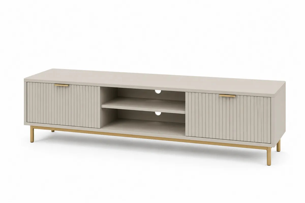 Szafka RTV z płyty MDF beżowy z półkami i metalowymi nogami 160x40x50 cm