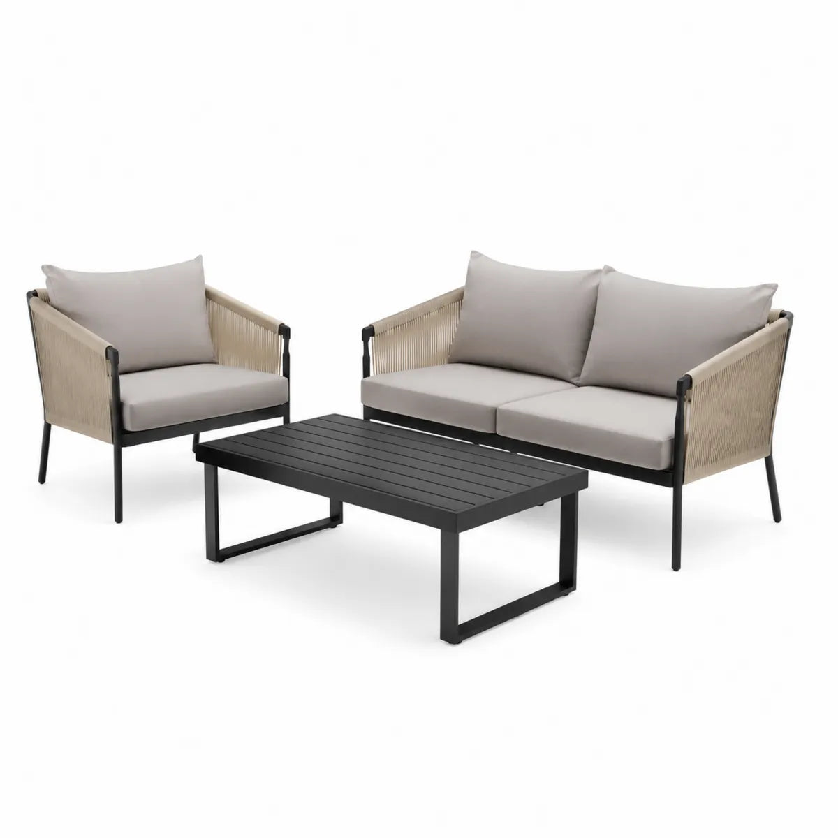 Zestaw mebli ogrodowych z aluminium, 2-osobowa sofa, fotel i stolik, czarny i beżowy