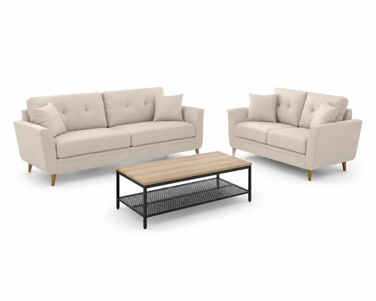 Zestaw mebli do salonu 3+2 osobowa sofa z tkaniny, stolik kawowy z drewna i metalu