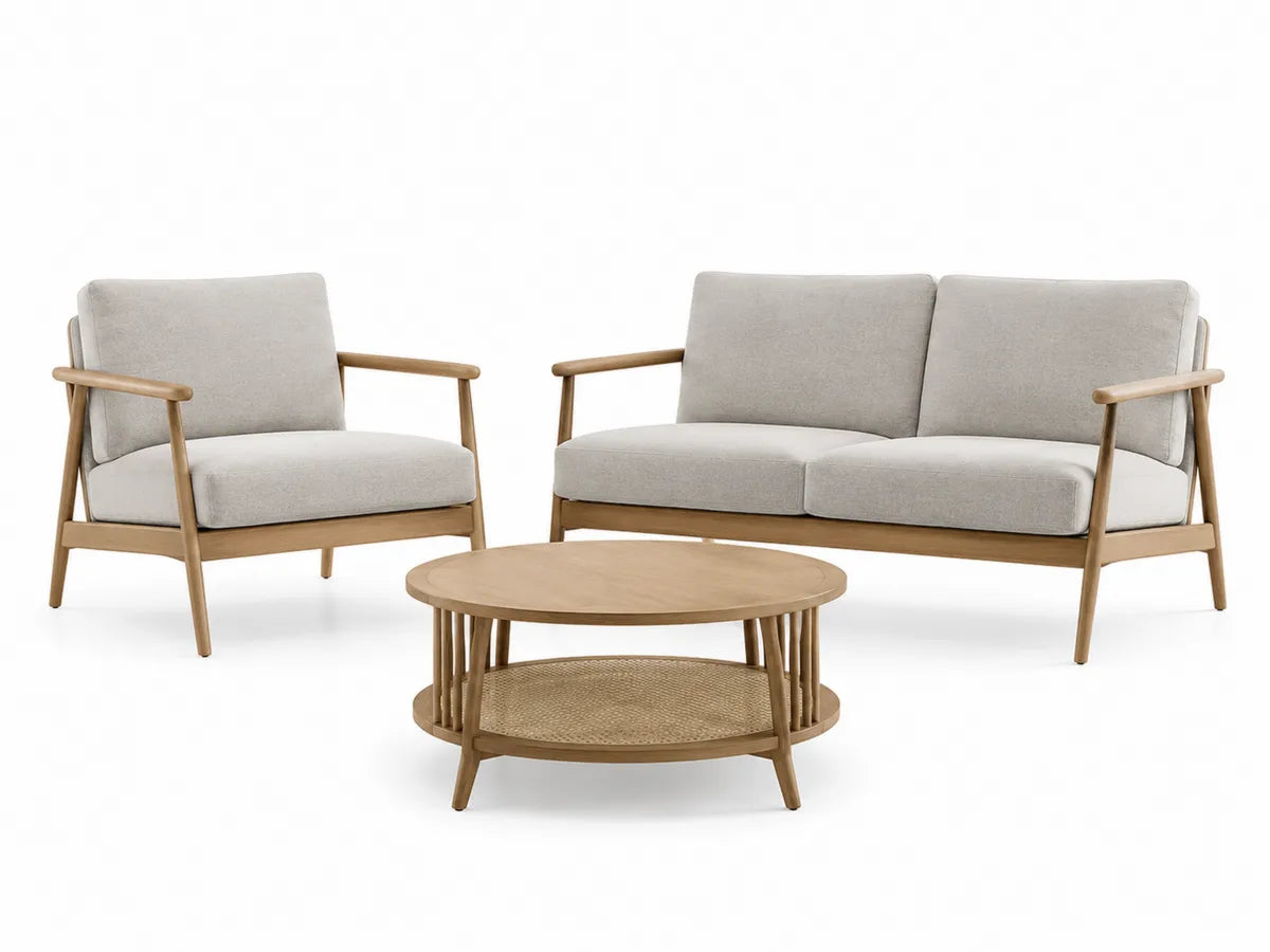 Zestaw mebli: sofa dwuosobowa i fotel z tkaniny, stół okrągły