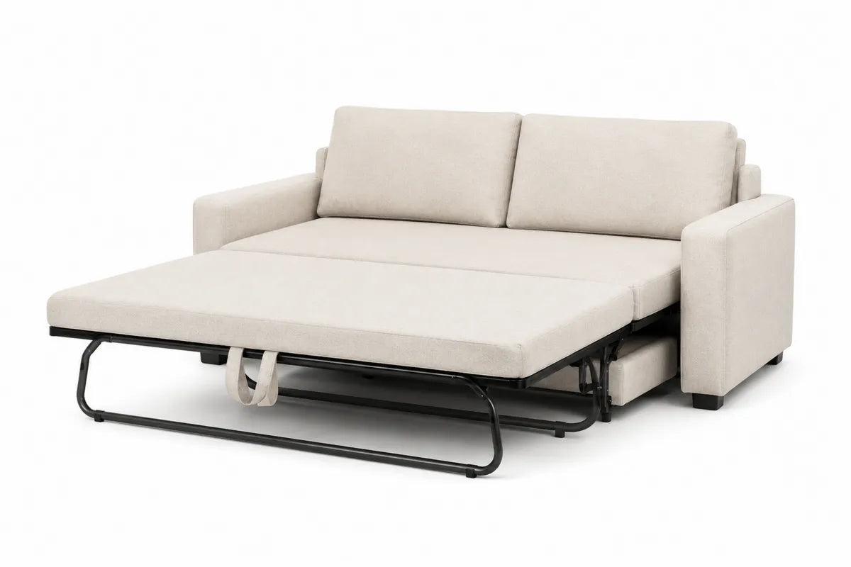 Rozkładana sofa z beżowej tkaniny poliestrowej z metalową ramą