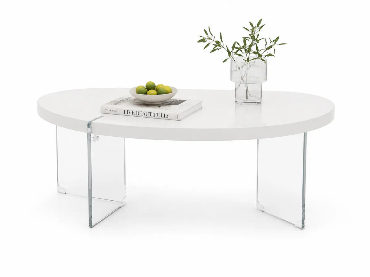 Owalny stolik kawowy biały MDF szkło hartowane 120x60x45 cm
