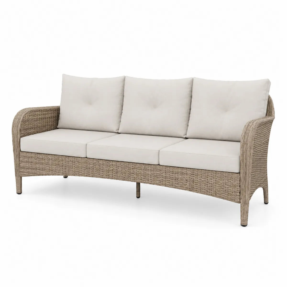 Trzyosobowa sofa rattanowa z poduszkami piankowymi, beżowa