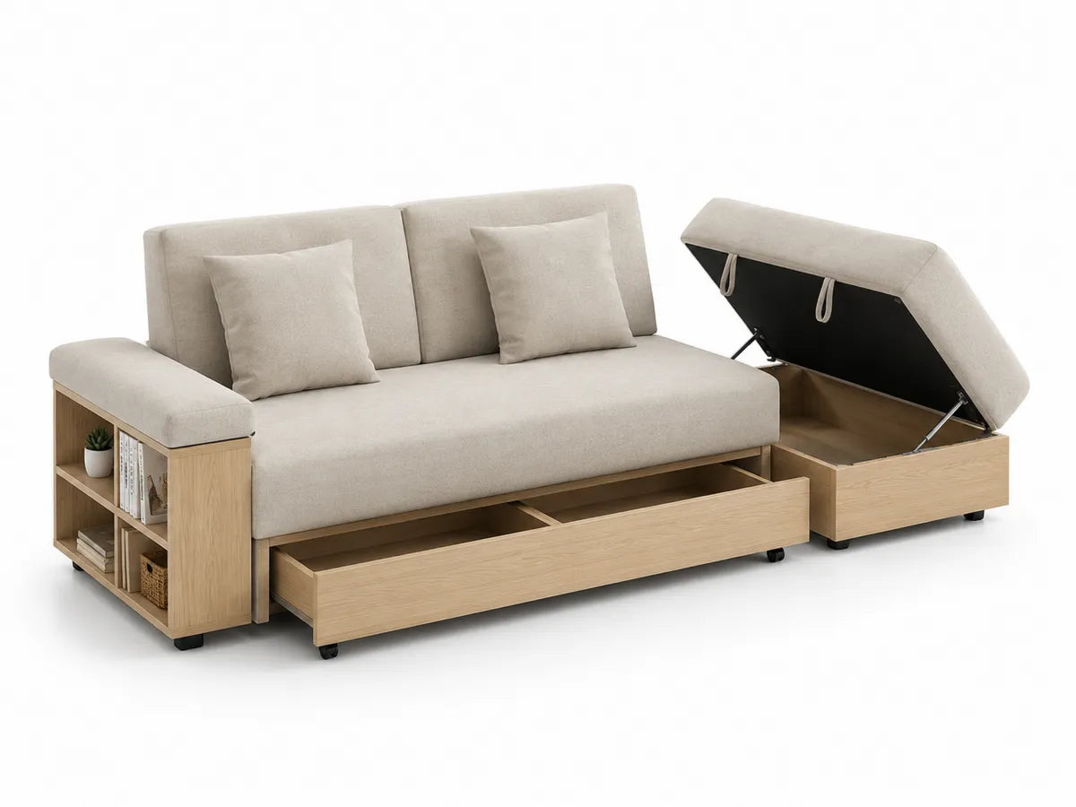Sofa z funkcją spania i przechowywania z drewna i tkaniny, beżowa