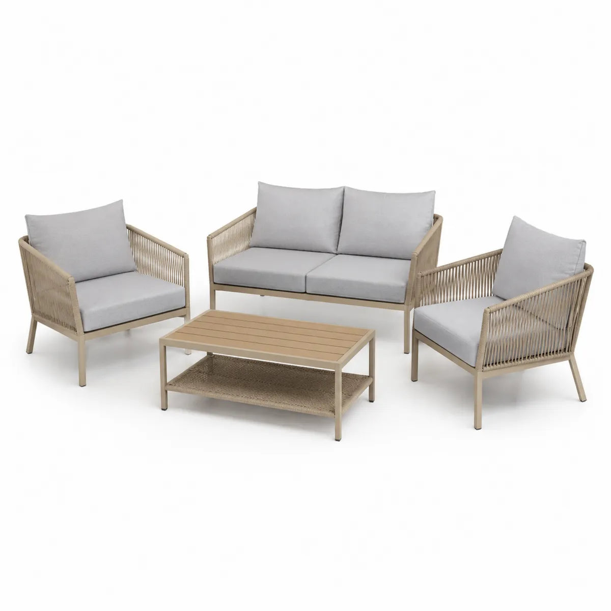 Zestaw mebli ogrodowych: 2 fotele, sofa dwuosobowa, stolik kawowy, beżowy, aluminium, poliester