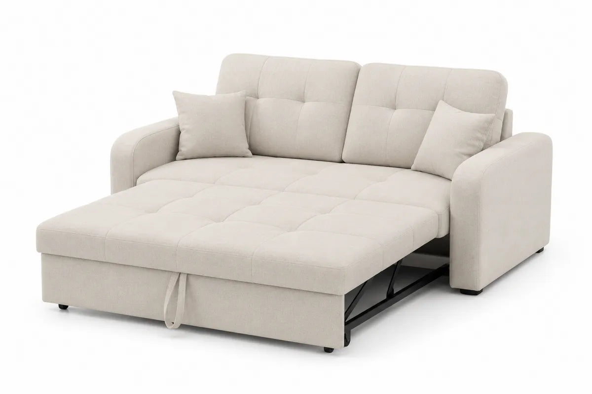 Beżowa sofa rozkładana z funkcją spania i schowkiem