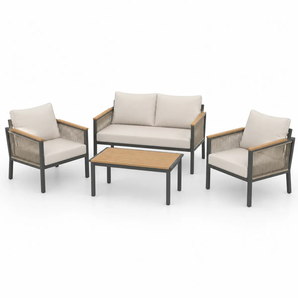 4-częściowy zestaw mebli ogrodowych aluminiowy z drewnem teak w kolorze kremowym