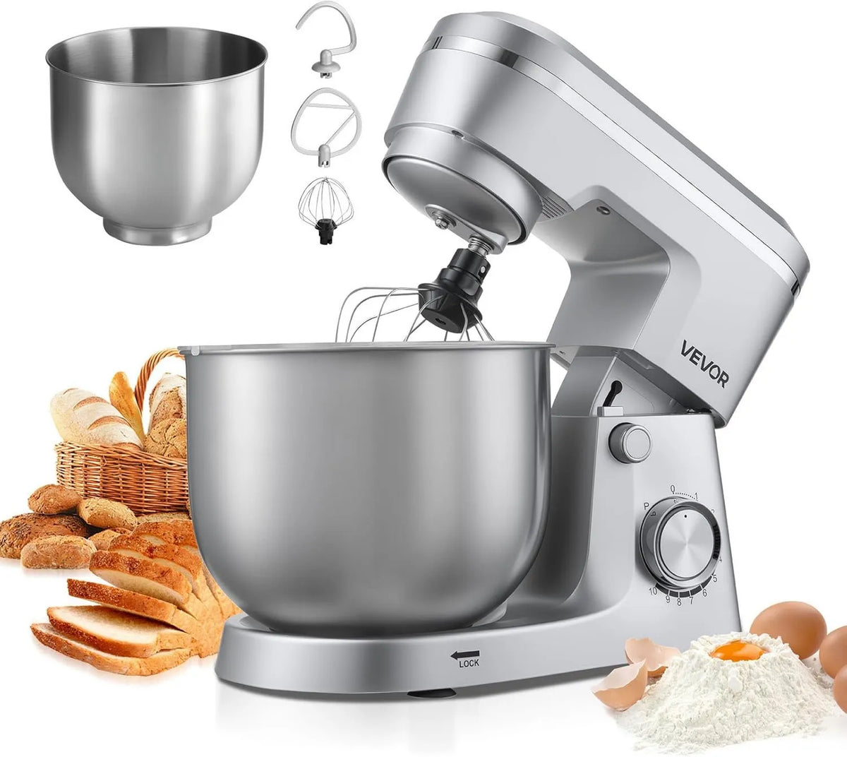 Blender, 1500 W, 5,7 l, regulacja ustawień, VEVOR Blender stojący/maszyna do pieczenia 1500 W, z miskami ze stali nierdzewnej 4,2 + 5,7 l