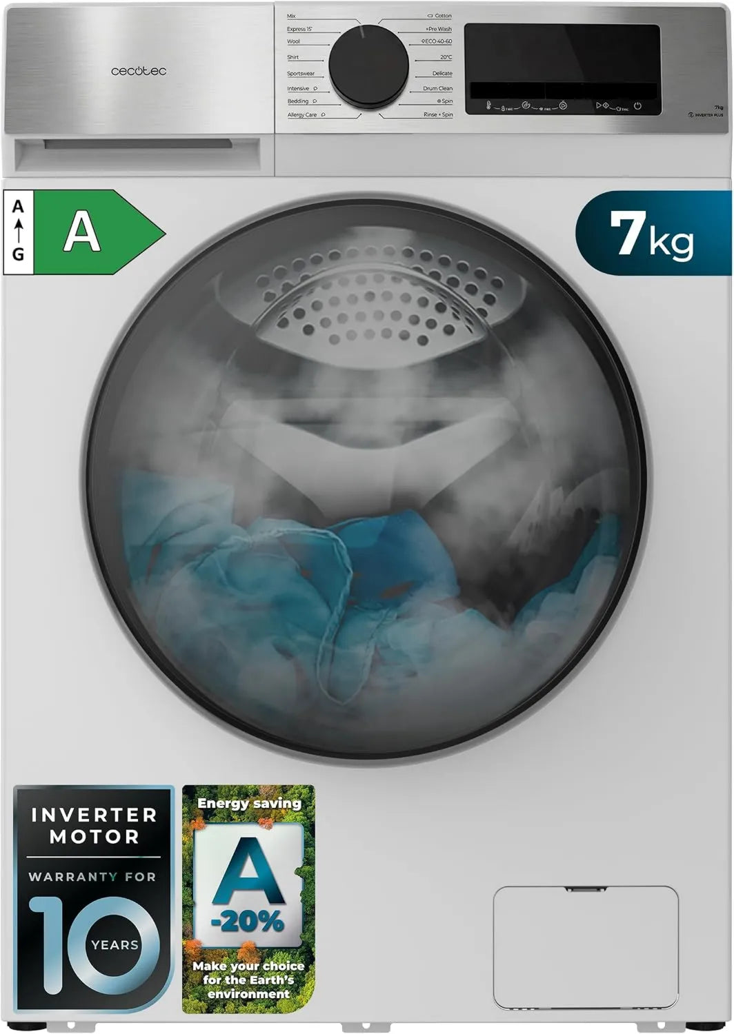 Cecotec pralka, Bolero DressCode 7450, 1850 W, 16 programów, 7 kg, klasa energetyczna A, Inwerter, tłumik, stal nierdzewna, biała, 1200 obr./min
