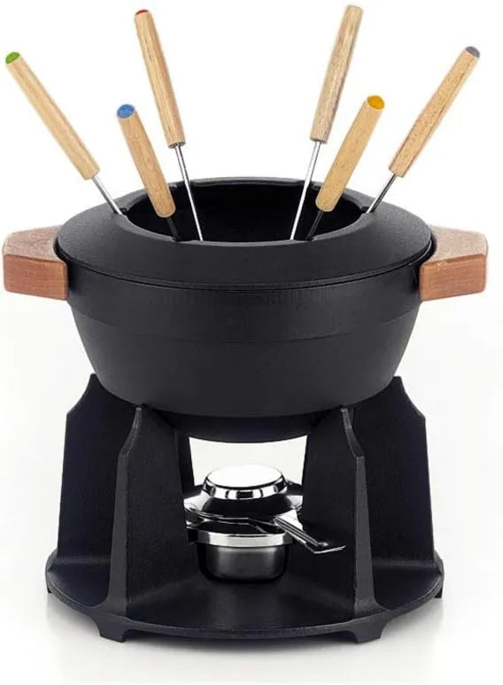 LE CREUSET, Fondue, 2 l, żeliwo, czarne, drewno, Service z Fondue w emaliowanej czcionki z drewnianą rączką