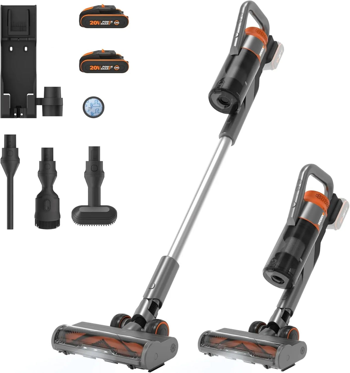 WORX odkurzacz pionowy, Odkurzacz, 20 V, WX038 45min, 0Ah Bateria i ładowarka Zawarte, Potężny 25kPa, Powershare 2 * 2