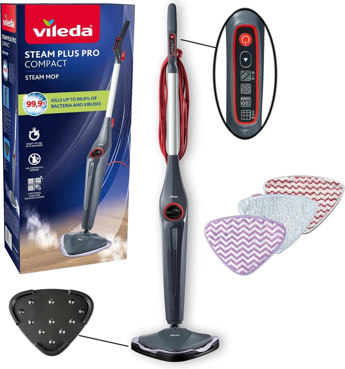 Vileda Steam Plus Pro Mop parowy, funkcja pary, zabija do 99,9% bakterii i wirusów, z 4 trybami pary, posiada podstawkę do przechowywania