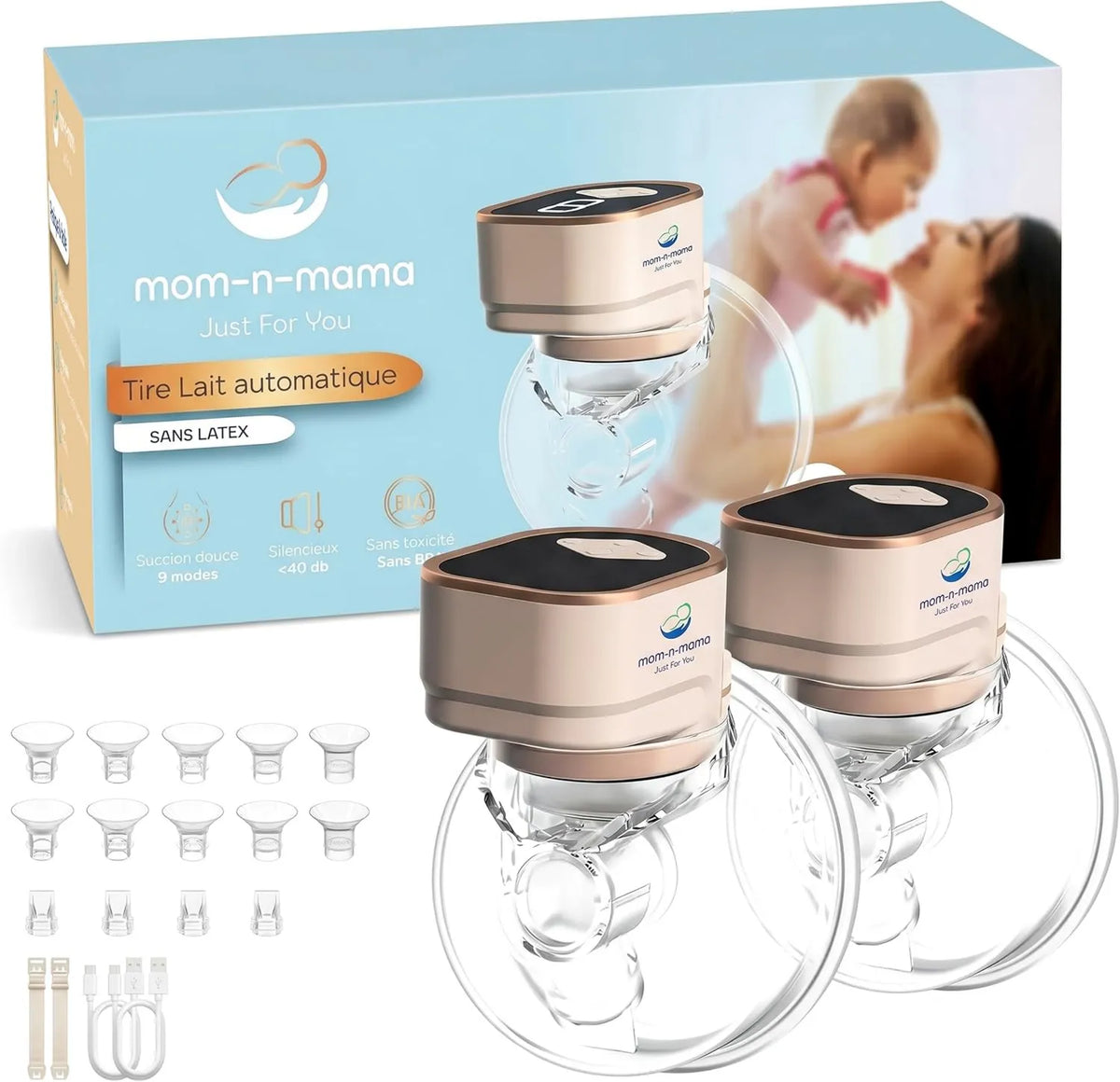 mom-n-mama, Pompa do mleka, 40 dB, pompa do piersi, przenośny, tłumik, pojemność 240 ml, 3 tryby 9 poziomów d- Aspiracja, 2 Kawałki