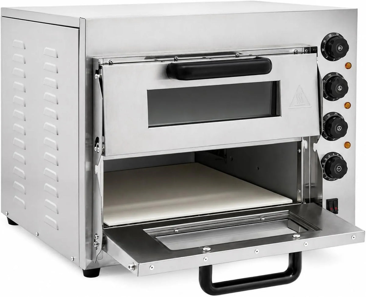 HIKUUER piec do pizzy, Elektryczny mini piekarnik do pizzy, 3000 W, licznik czasu, profesjonalny, restauracja, stal nierdzewna, system dwupoziomowy, dokładna temperatura, łatwy w obsłudze