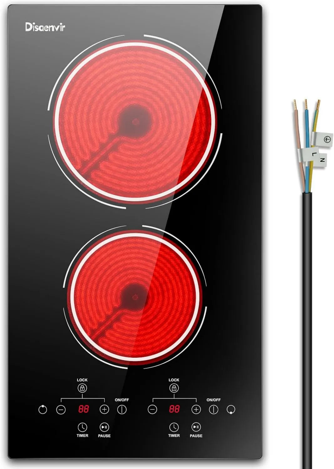 Disaenvir płyta grzewcza, Płyta ze szkła ceramicznego, 30 cm, 2 pola grzewcze, 3000 W, 240 V, zwrotna, dotyk, zegar, zamek, elektryczny stół do gotowania, 220- 240 V, 9 poziomów