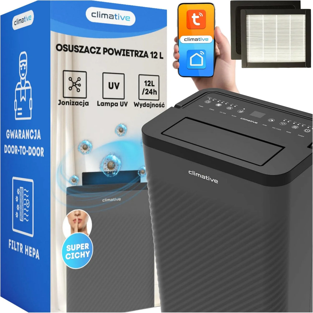 Osuszacz powietrza, 20 m², sterowanie WiFi, filtr HEPA, elektryczny osuszacz powietrza 12 l/24 h z filtrem HEPA i węglowym, WiFi Smart Home