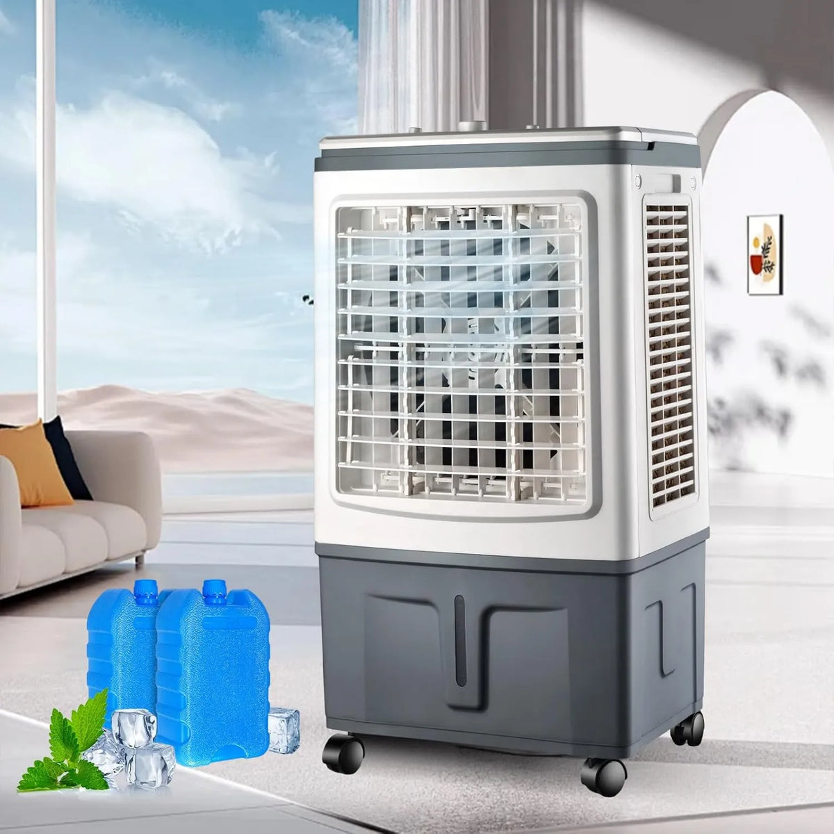YDkjwjw, Klimatyzator, 30 l, 4- in-1 Odświeżacz, Przemysłowy, Zwilżacz z 2 opakowania lodu 4-en-1