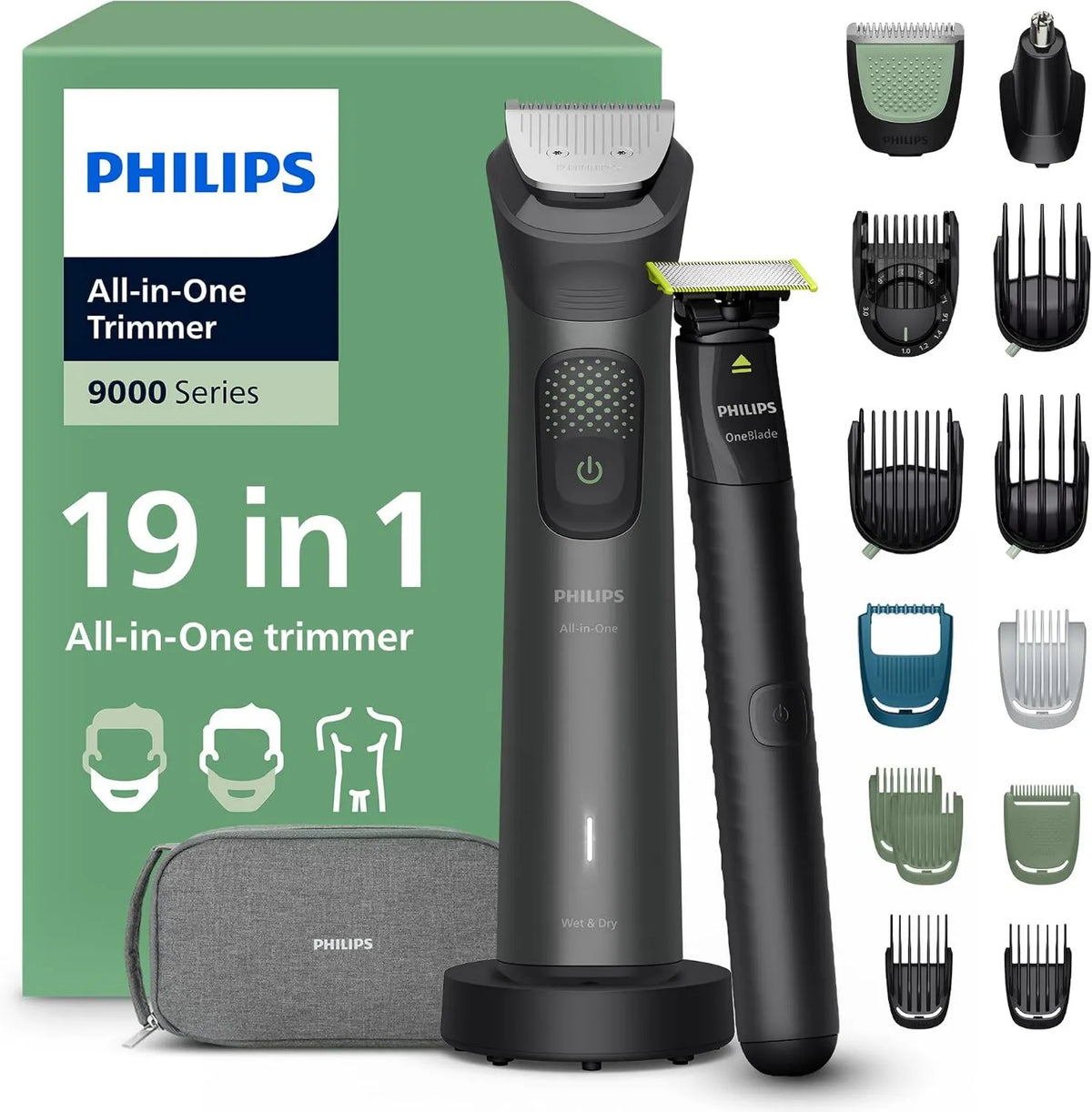 PHILIPS, MG9556 / 15 Akcesoria do sprzętu, Płyty IPS, Kosiarka / zestaw do pobierania próbek do brody, 27 wysokości cięcia, 0, 2- 20 mm MG9556/15