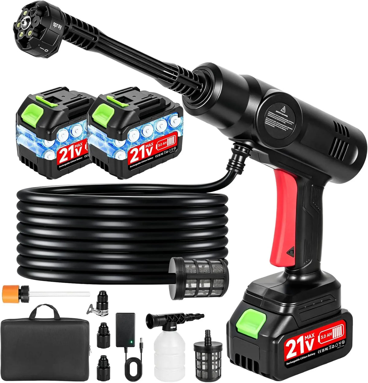RugoTech, Wysokie ciśnienie, 10 m, 240 l / h, 2 x 3, 0 Ah, 6 w 1 dyszy, 5 m węża