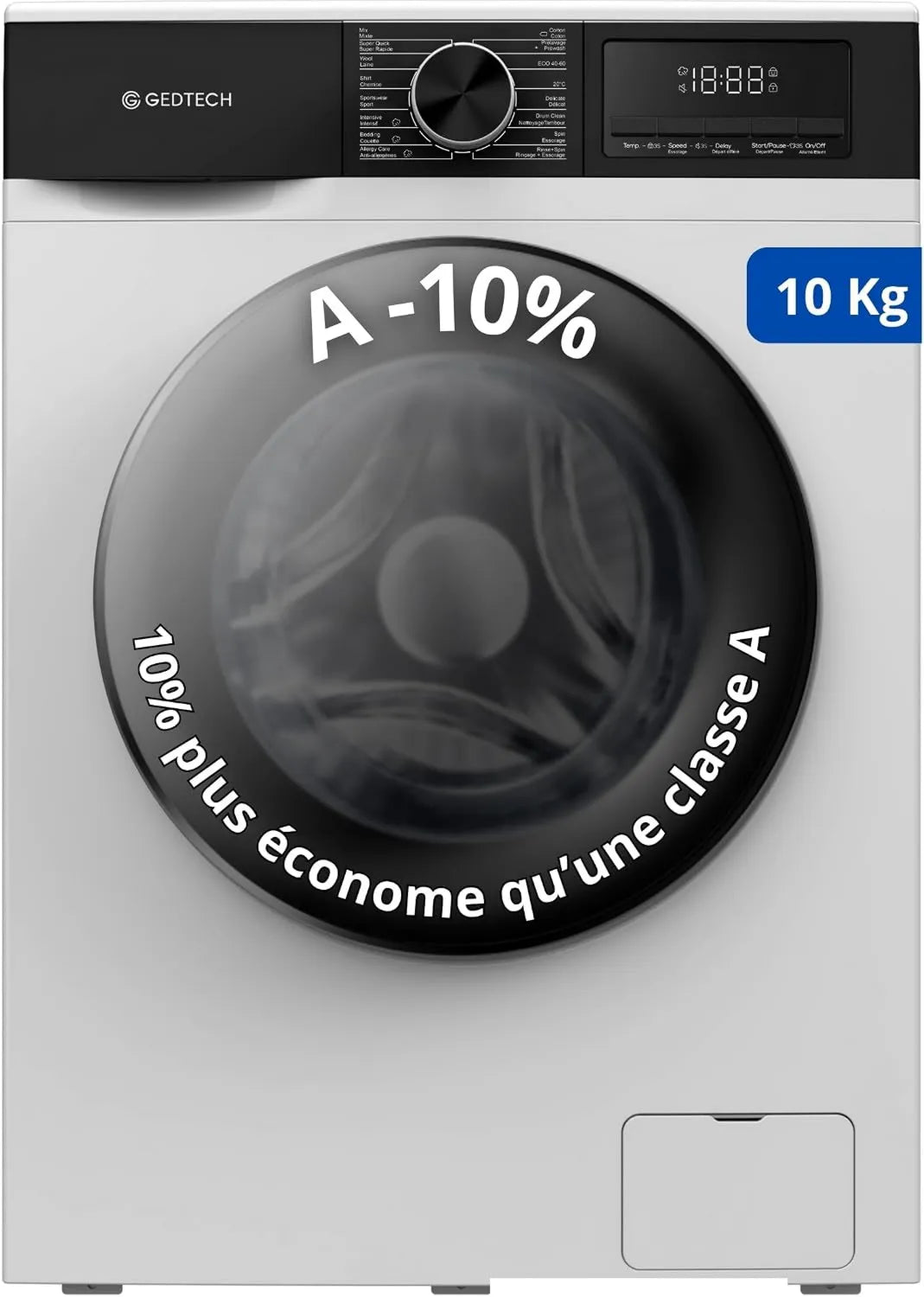 GEDTECH pralka, GLL101400 WH, 16 programów, 10 kg, klasa energetyczna A, biała, 1400 obr./min, mn, bardzo niska konso - klasa A- 10% A-10