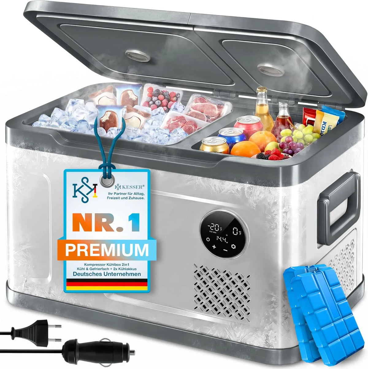 KESSER, Elektryczna chłodnica, 40 l, 24 V, dotyk, samochód, kemping, mini przenośna lodówka, srebro, dotykowy LED, 12 / 24 V i 230 V