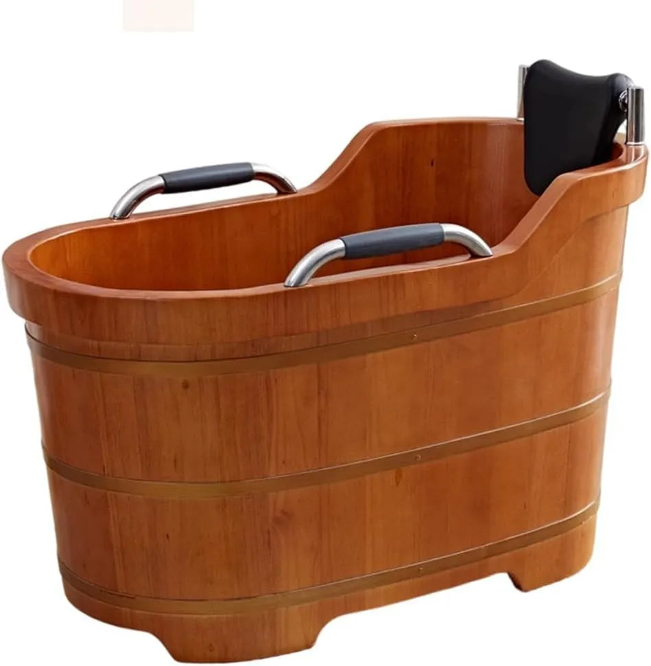 Drewniana wanna z hydromasażem, 100cm, 100 cm, antypoślizgowa wanna, mała wanna spa w stylu japońskim, głęboka wanna z litego drewna z zagłówkiem