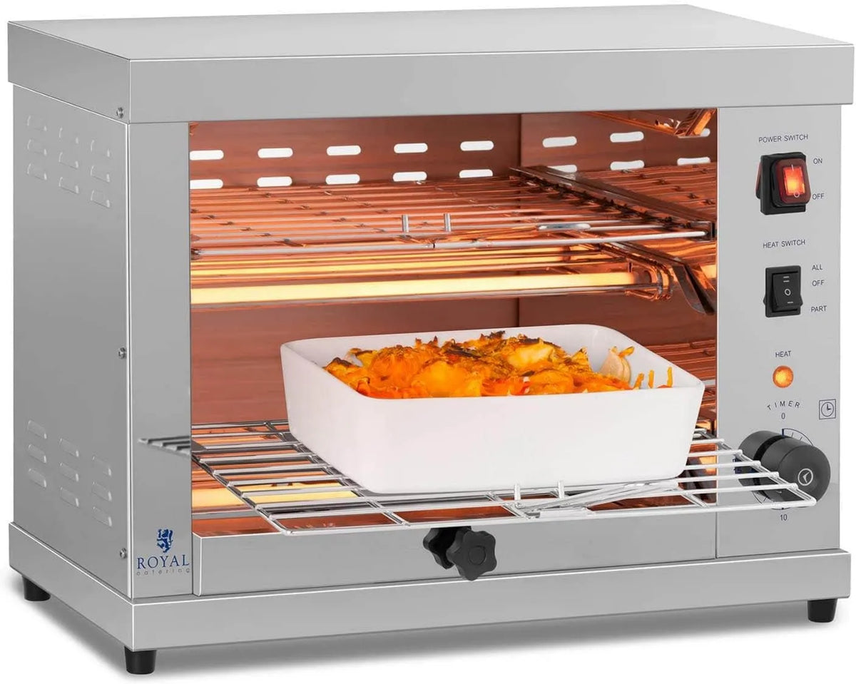 Royal Catering, Toster, 27, 5 x 50 x 38, 5 cm, 250 W, wyżywienie, odstępy między siatkami 7 cm, 3 Element grzewczy w kwarcu, Salamandre