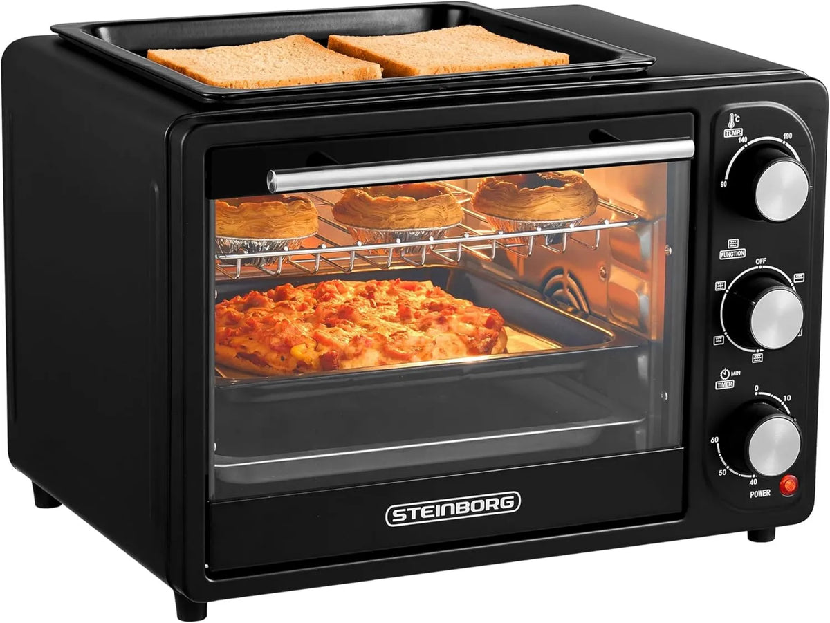 Piekarnik elektryczny, 1300 W, funkcja grilla, Mini piekarnik 3 w 1, z płytą utrzymującą ciepło, 2 blachy do pieczenia + ruszt do grillowania