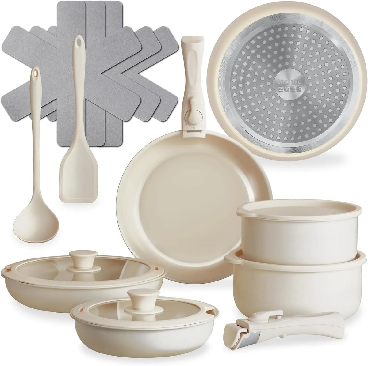 tectake, Naczynie kuchenne, powłoka non- stick, wyjmowane, białe, ® Bateria kuchenna 16 szt., 4 pokrywki