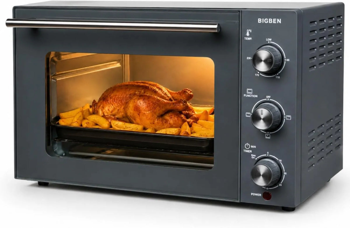 Bigben mini piekarnik, Piec elektryczny do pizzy OV1 G, 28 cm, 20 l, 1500 W, 65 do 230°C, licznik czasu, grill, czarny, 3 tryby gotowania, Płyta