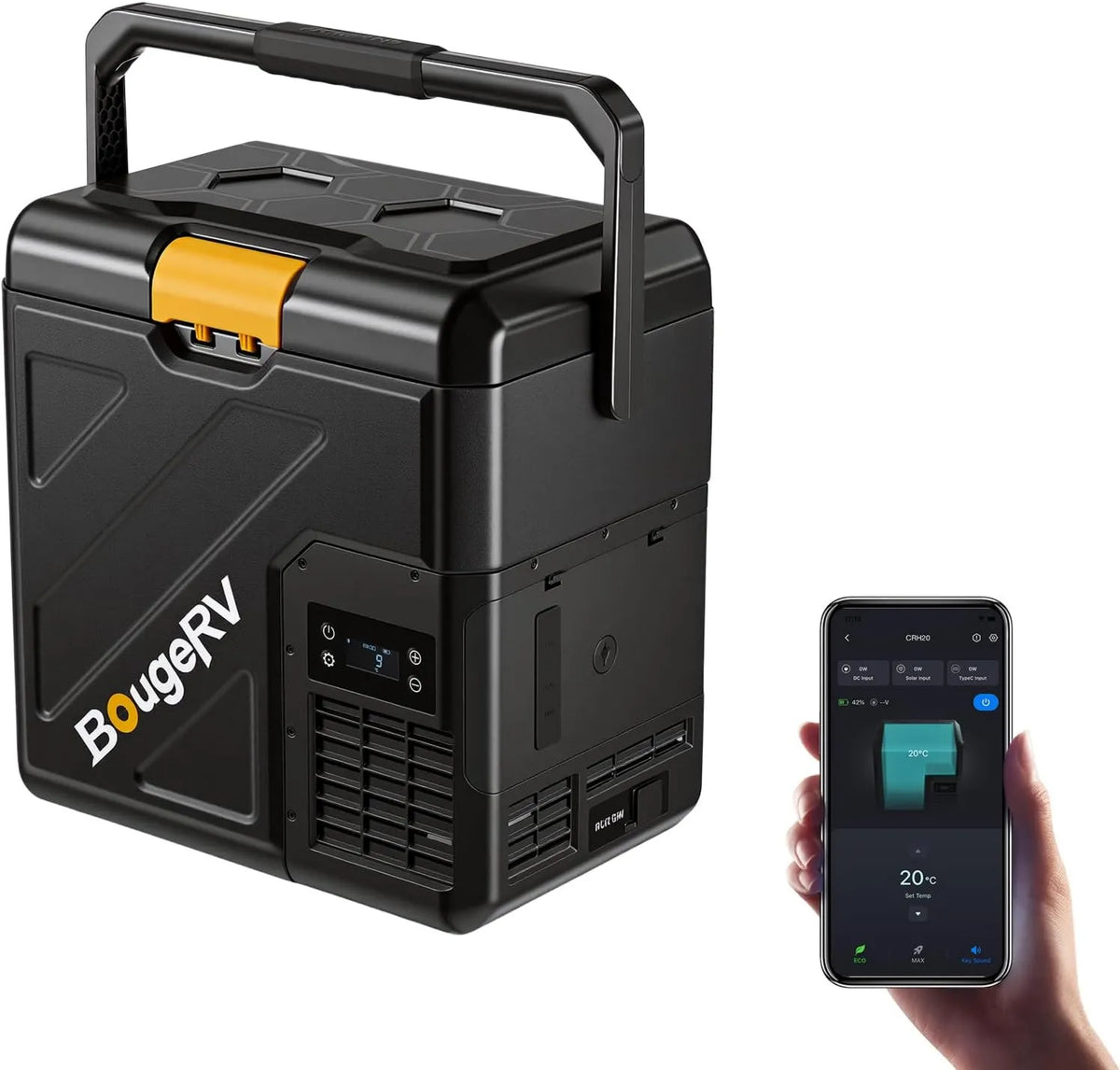 BougeRV, Elektryczna chłodnica, 20 l, 12 V, MoveRV CRH20 IPX4, samochód, kemping, przenośna mini lodówka, mała lodówka przenośny kompresor 12 V 24 V 230 V