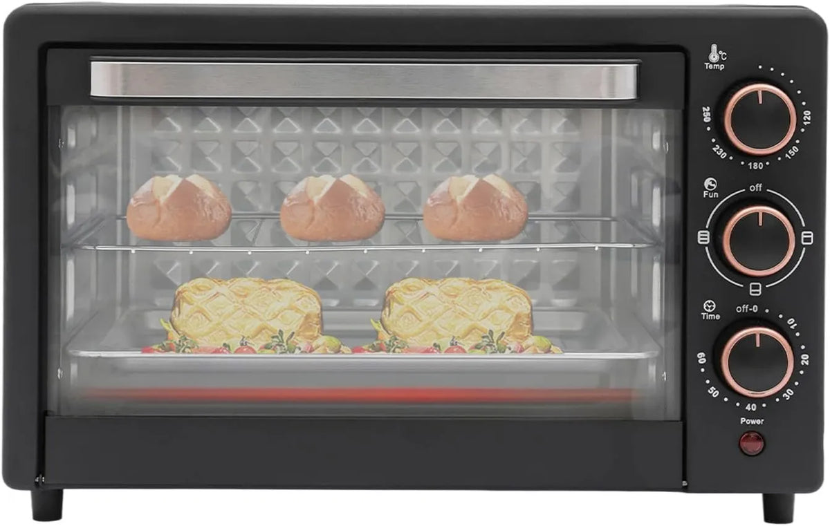 FENGLY mini piekarnik, Elektryczny piec do pizzy, 22 l, 1000 W, 120 do 250°C, Mini, grill, kompaktowy, 2 strefy temperaturowe, 4 rury grzewcze
