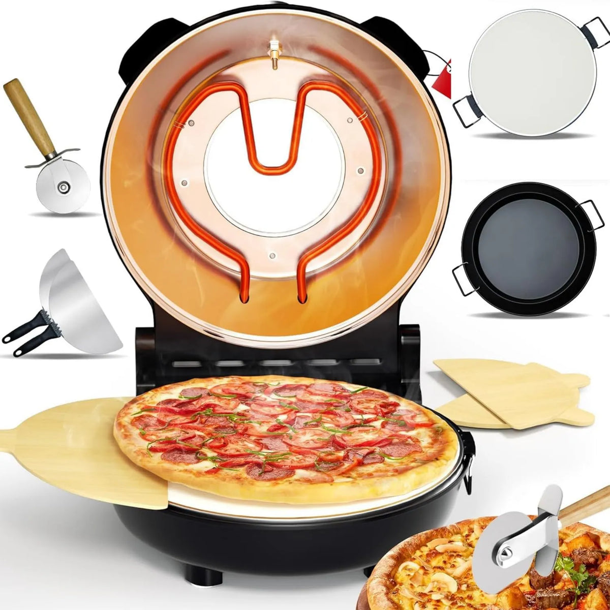 HYQNG, 12 cali piec elektryczny pizzy, licznik, grill, czarny, podgrzewa do 420°C czarny