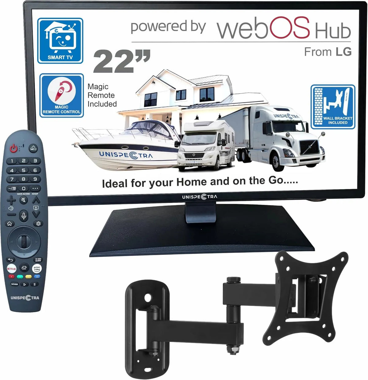 Telewizor Smart TV, zdalne sterowanie, Unispectra 22' Smart TV, FHD 230V 12V 24V potrójny tuner