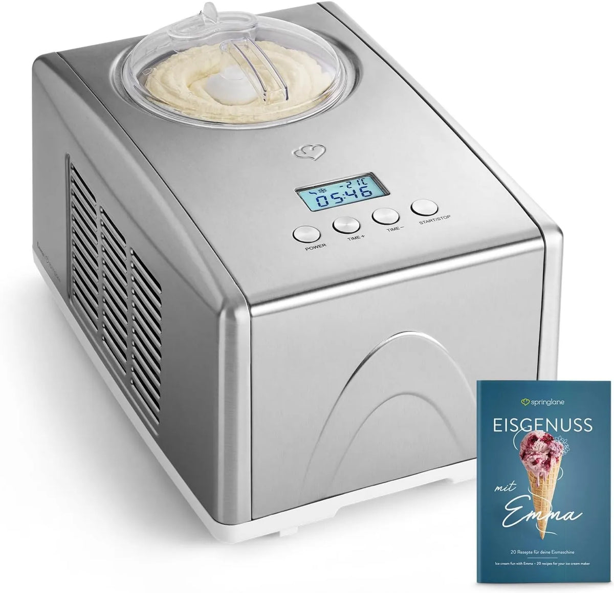 Springlane Kitchen, wyposażony w książeczkę recepturową, Emma 1.5 l Sorber z sprężarką samochłodzącą 150 W, stal nierdzewna z wyjmowaną tacą lodową, Srebrny