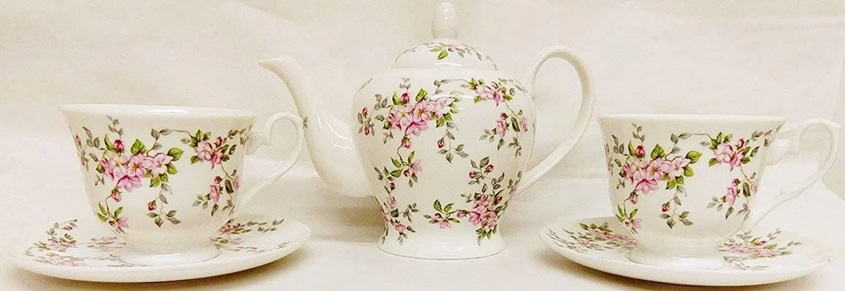 fromeuropewithlove, 1 czajnik, 2 kubki i 2 ręcznie urządzone spodki w Wielkiej Brytanii, Różowa herbata usługi dla dwóch dzikich róż w drobnej porcelany