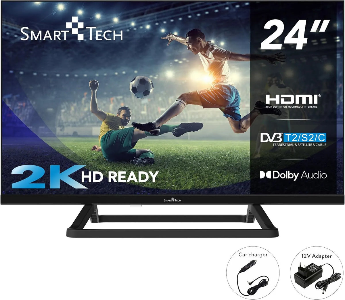 Smart Tech telewizor, Smart TV 24HN01 V3CA H.265, 24 cali, TV, potrójny tuner DVB- T2, S2, dźwięk Dolby, HDMI, USB, 12 V Ładowarka, Rozdzielczość: 1366, 60 cm, × 768 DVB-T2
