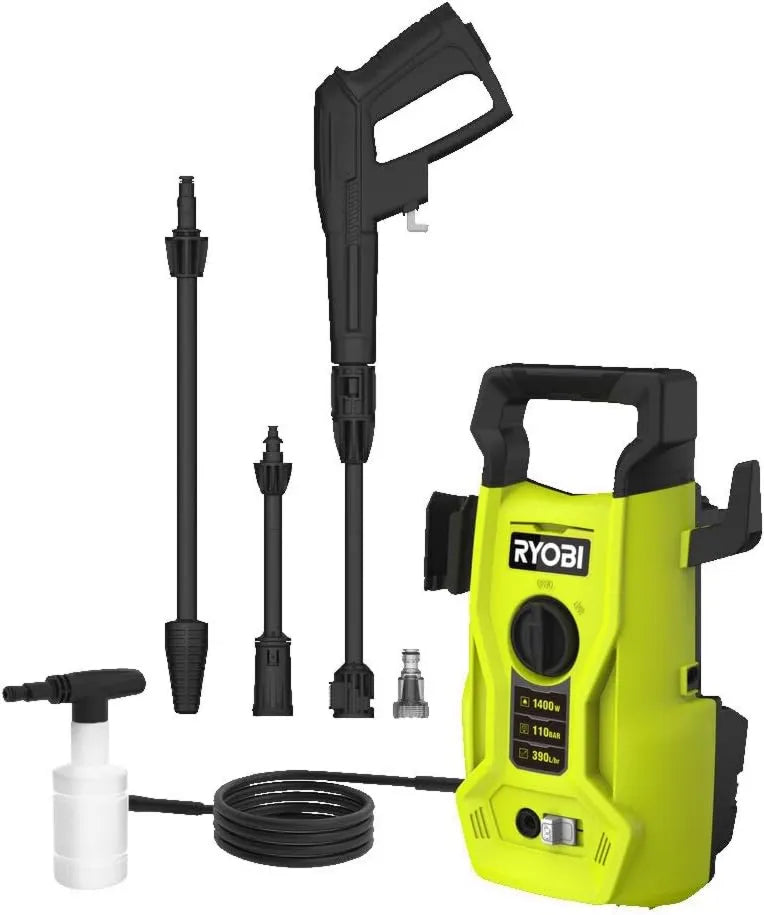 RYOBI, Wysokie ciśnienie czyszczące RY110PWA, 390 l, 1400 W, elastyczna 5 m PVC, dysza detergentowa 0, 35 l
