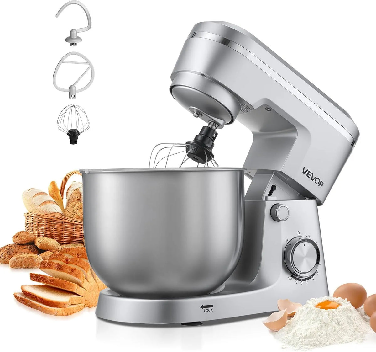Robot kuchenny, 1500 W, 5,7 l, 292 mm, 375 x 241 x 292 mm, regulacja ustawień, VEVOR Regulowany blender stojący, trzepaczka i pręt