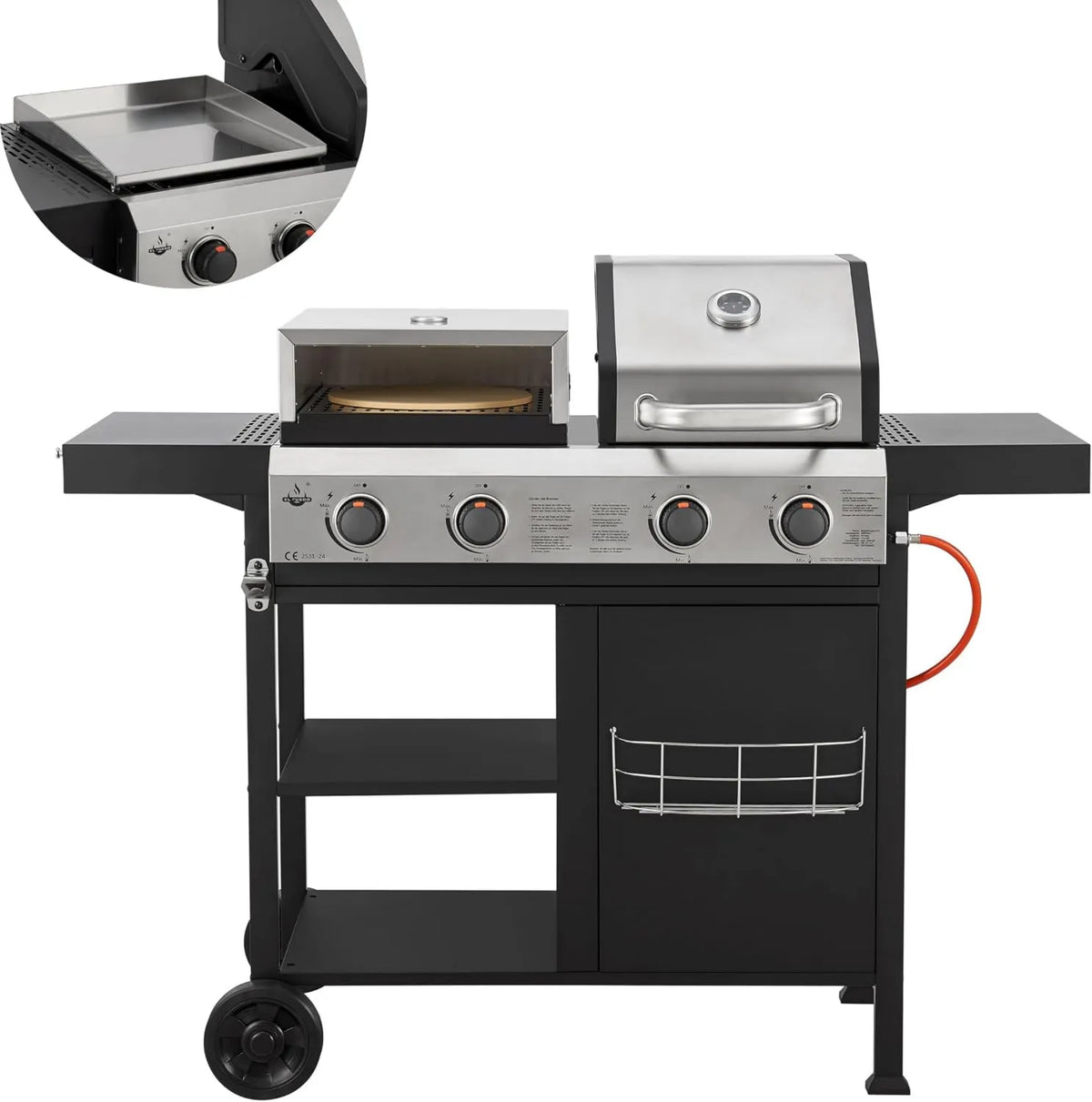 Płyta gazowa, 3,6 kW, funkcja grilla, Grill kombi 'BOSTON' firmy El Fuego, do pizzy i planchy, w zestawie wąż gazowy i reduktor ciśnienia
